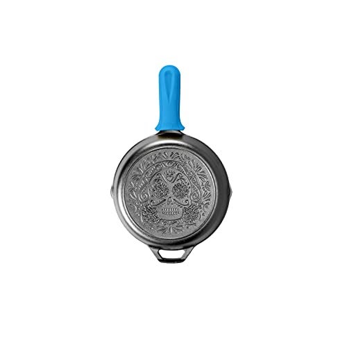 Lodge 10.25 Inch Pre-Seasoned Cast Iron Stamped Skillet Electric Blue Silicone Hot Handle Holder - Reusable Heat Protection Up to 500° - Sugar Skull - Image 5