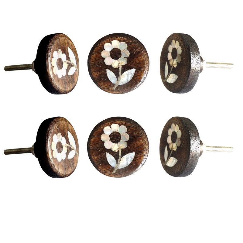Perilla Home Set of 6 Wooden Knobs for Cabinet & Drawers Decorative Daisy Flower Antique Knobs Pull for Home Kitchen Cabinet Hardware Cupboard Glass Door Dresser Wardrobe and Drawer Pulls - Image 1