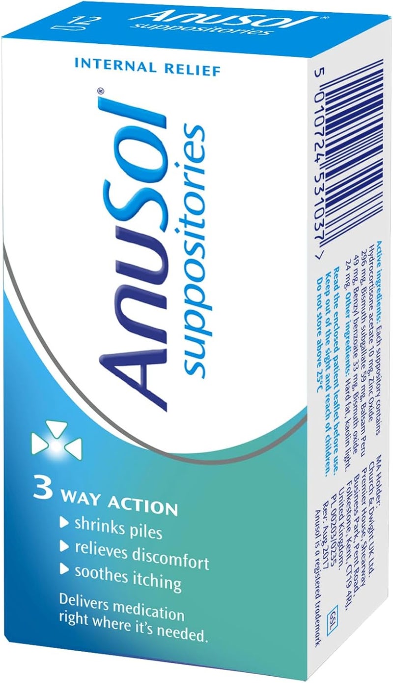 Anusol Suppositories Treatment for Haemorrhoids Shrinks Piles Relieves Discomfort and Soothes Itching 12 Suppositories - Image 1
