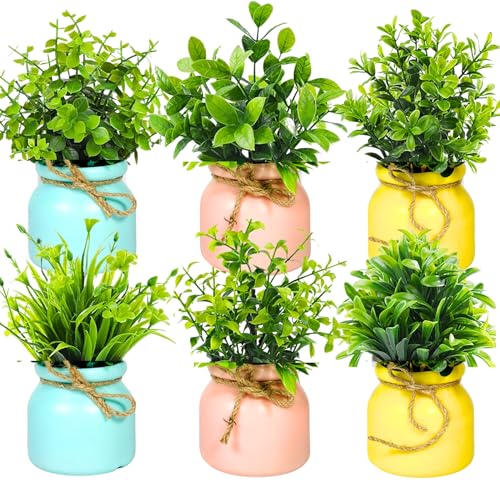 Dekorly Artificial Pot Flowers Small Fake Plants with Pot Mini Potted Plants for House Office Tabletop Decoration (Pack of 6) - Image 1