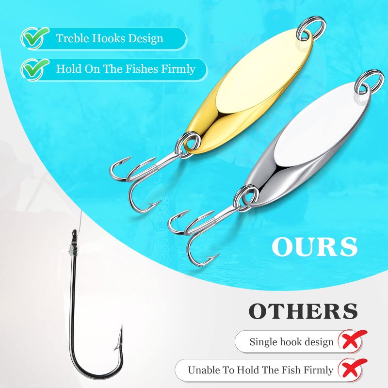 BBTO 30 Pieces Fishing Spoons Lures, Hard Metal Treble Hooks Fishing Spoons for Huge Distance Cast Saltwater Freshwater in 1/5 1/4 3/8 1/2 3/4 oz (Gold, Silver) - Image 4