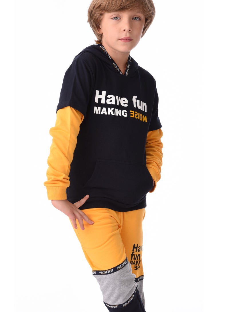 URBASY Kids 100% Cotton Hooded Jogger Set- Navy and Mustard - Image 1