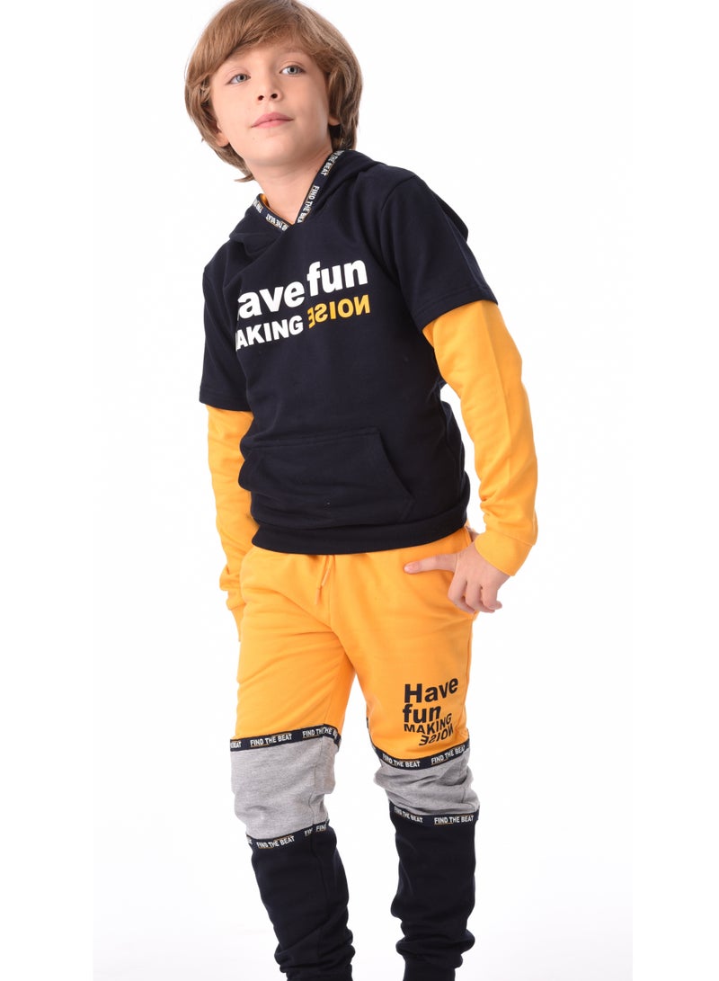 URBASY Kids 100% Cotton Hooded Jogger Set- Navy and Mustard - Image 2