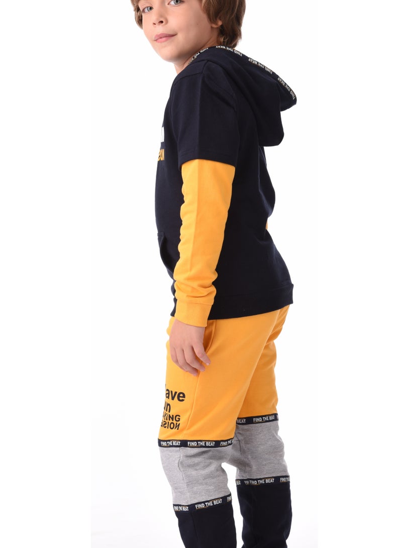 URBASY Kids 100% Cotton Hooded Jogger Set- Navy and Mustard - Image 4