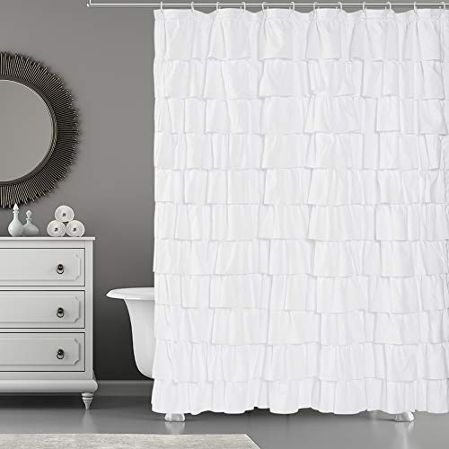 WestWeir Ruffle Shower Curtain,84-inches Extra Long,White Ruffled Bath Curtains for Bathroom,Fabric Farmhouse Decor,Soft Touch Decorative Cloth Texture,(L84xW72 inch,1 Panel) - Image 1