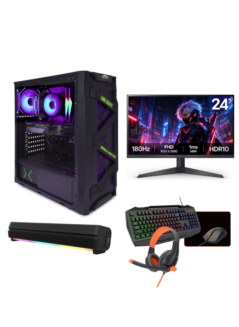 عرب جيمرز حزمة كمبيوتر ألعاب متكاملة - Intel Core i5-12400F، NVIDIA GeForce RTX 5060 8GB، ذاكرة وصول عشوائي 16 جيجابايت، 1 تيرابايت NVMe SSD، شاشة FHD بحجم 24 بوصة 180 هرتز، مكبر صوت RGB، لوحة مفاتيح، ماوس، سماعة رأس، واي فاي، ويندوز 11 برو، أسود - Image 1