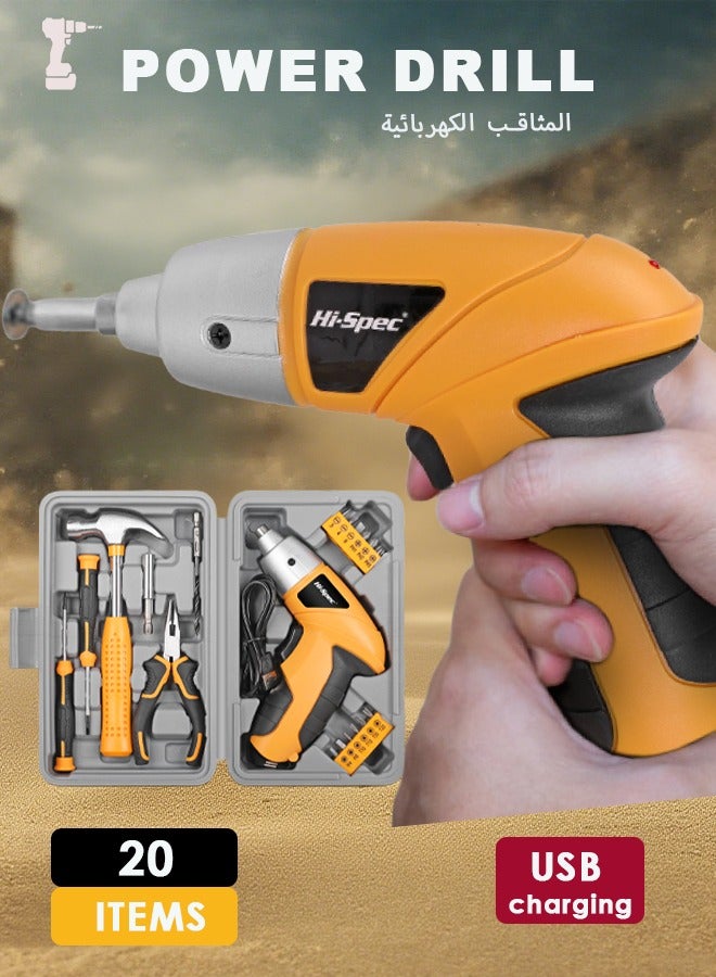 Hi-Spec Drill,Power Tools,Electric Cordless Screwdriver With 20pcs Accessories USB Rechargeable Portable Electric Screwdriver Tools Set Adjustable Torque Cordless Screwdriver For Small Home Projects Home DIY Repair - Image 1