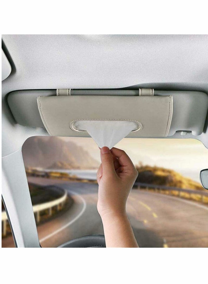 KASTWAVE Car Sun Visor Tissue Holder, Beige PU Leather Tissue Dispenser Hanging Case to Clip On Your Car Door Or Back Seat Pocket, Interior Accessories Pouch for Wipes  - Image 1