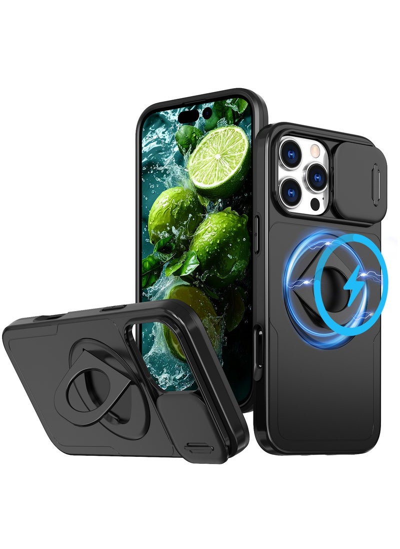Generic Sliding Camera Cover Magsafe Magnetic Phone Case for iPhone 16 PLUS with Ring Holder Black  - Image 1