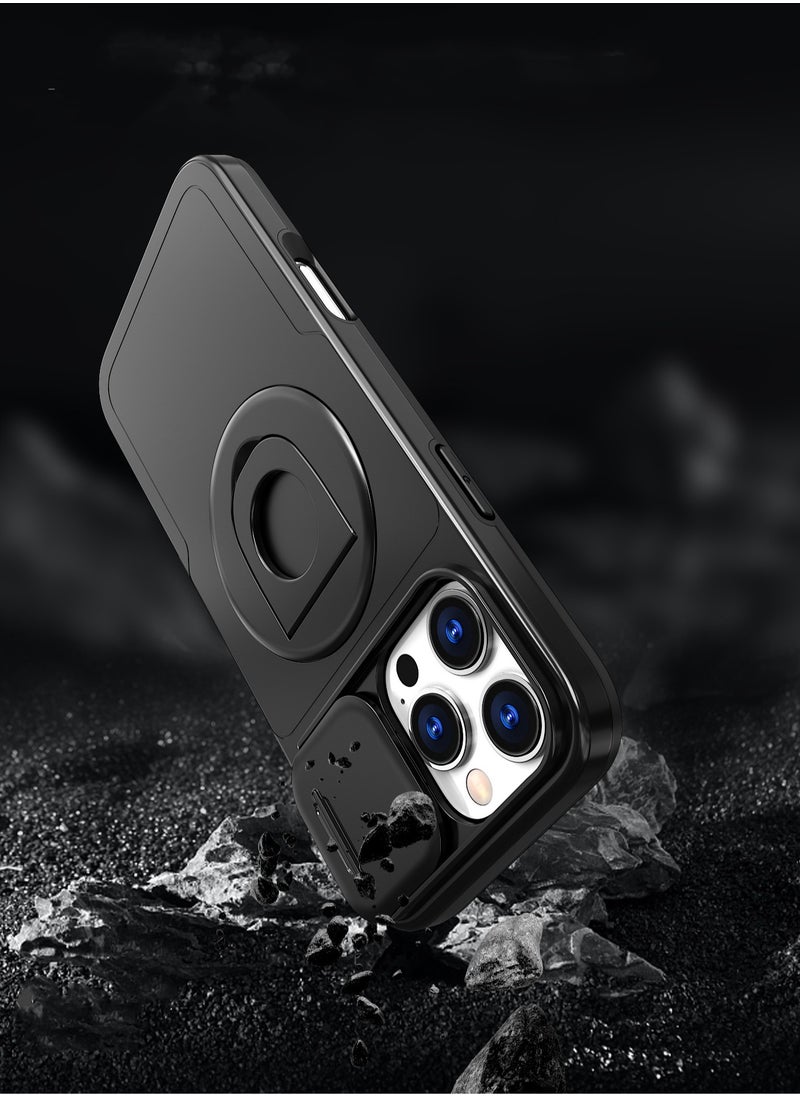 Generic Sliding Camera Cover Magsafe Magnetic Phone Case for iPhone 16 PLUS with Ring Holder Black  - Image 2