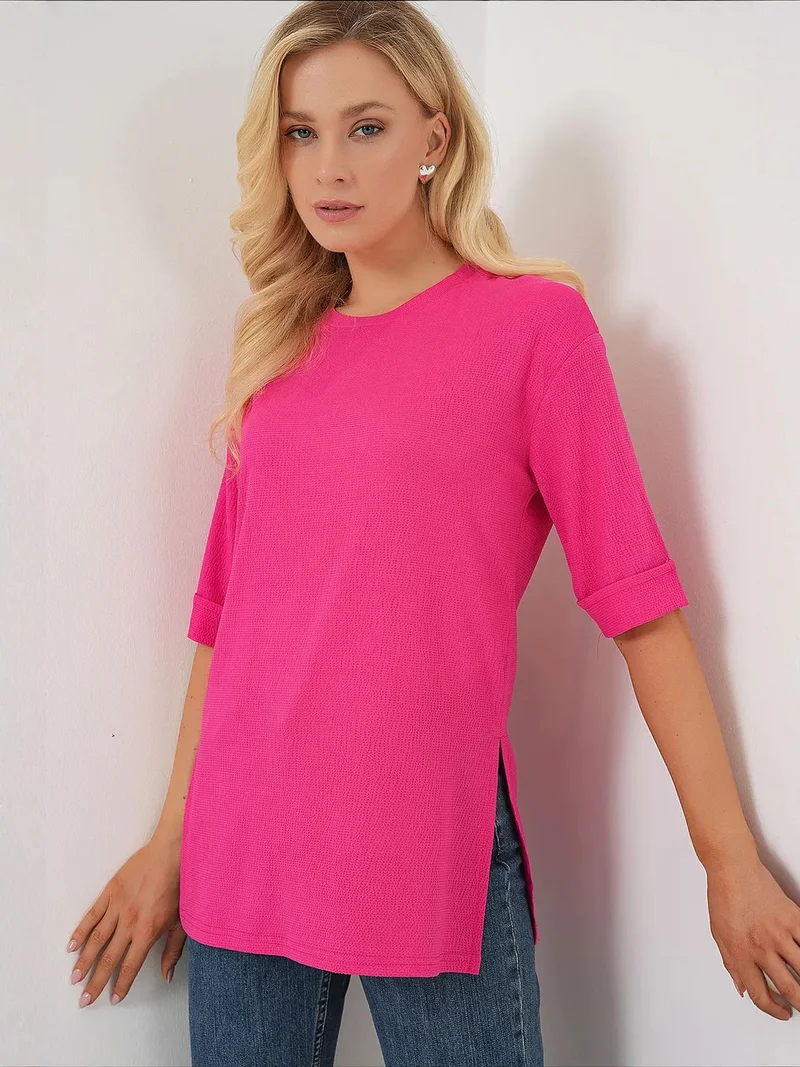 Big Dart Bright Orange BDART Textured Crew Neck Short Sleeve T-Shirt for Women | Best Price UAE