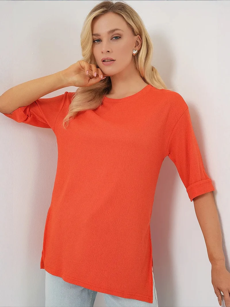 Big Dart Bright Orange BDART Textured Crew Neck Short Sleeve T-Shirt for Women | Best Price UAE