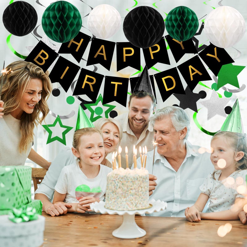 meowtastic Birthday Decorations, Happy Birthday Banner with Honeycomb Balls, Star Hanging Swirl Streamer, Circle Dot Garland, Happy Birthday Party Decorations for Women Men Boys Girls (Green & Black) - Image 5