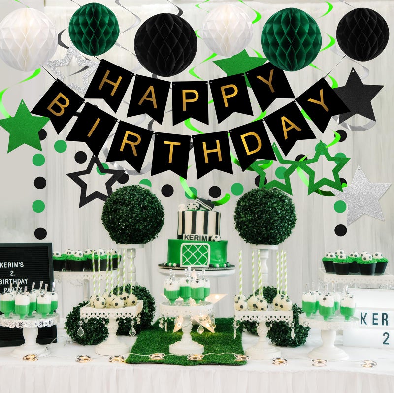 meowtastic Birthday Decorations, Happy Birthday Banner with Honeycomb Balls, Star Hanging Swirl Streamer, Circle Dot Garland, Happy Birthday Party Decorations for Women Men Boys Girls (Green & Black) - Image 2
