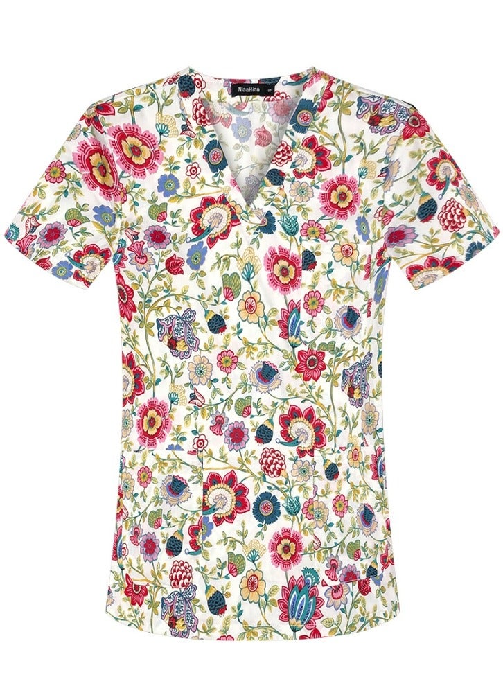 Loquat V-Neck Printed Medical Uniform Scrubs Top for Women Workwear Soft Comfty Easy Care 