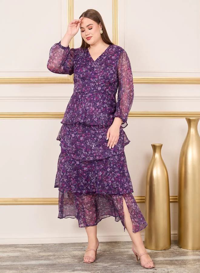 ستايلي Plus Ditsy Print Layered Tiered Midi Dress