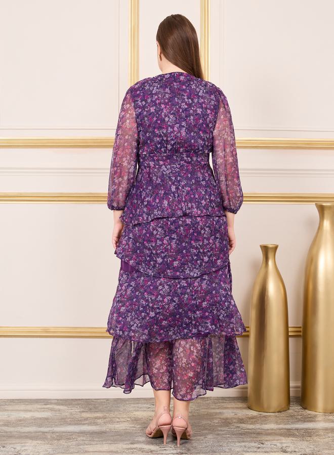Styli Plus Ditsy Print Layered Tiered Midi Dress - Image 4