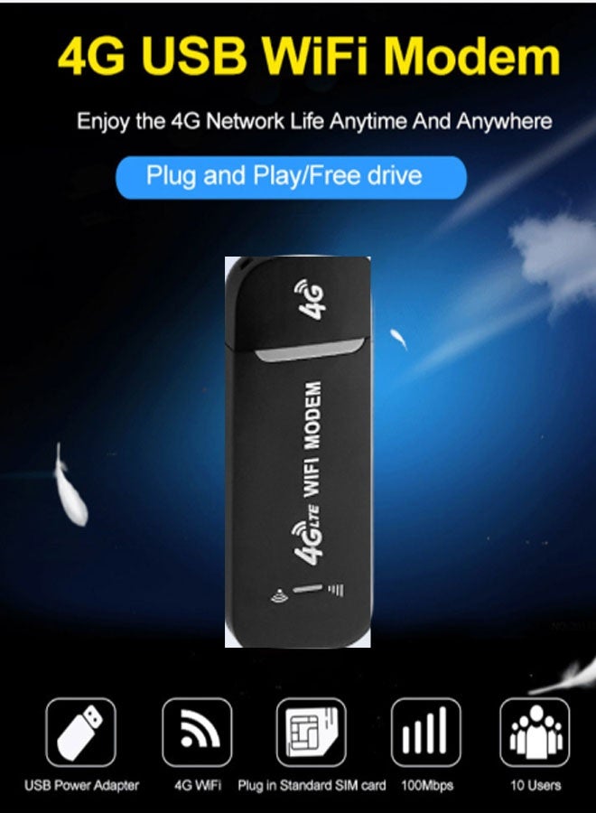 دن محول شبكة USB 4G LTE / جهاز نقطة اتصال Wi-Fi محمول بحجم الجيب / مناسب للسفر / التوصيل والتشغيل (أسود) - Image 2