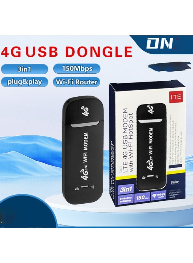 دن محول شبكة USB 4G LTE / جهاز نقطة اتصال Wi-Fi محمول بحجم الجيب / مناسب للسفر / التوصيل والتشغيل (أسود) - Image 1