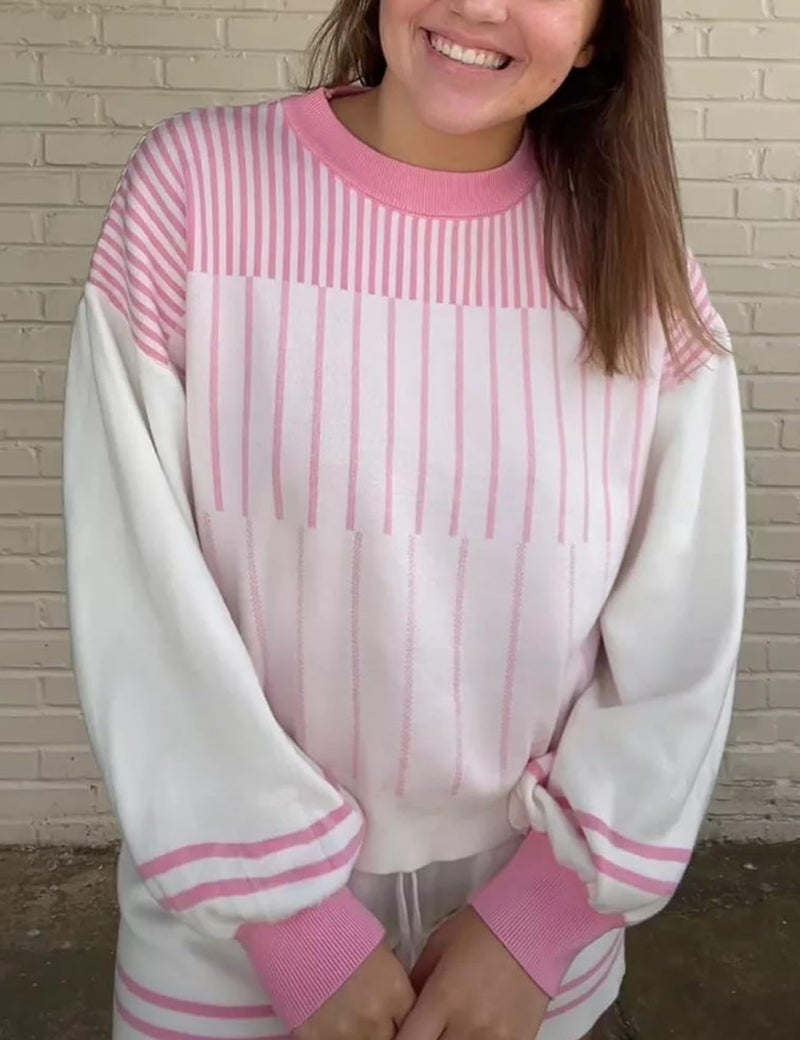 Gihuo Women' s Striped 2 Piece Outfits Crewneck Knit Pullover Sweater Shorts Set Wide Leg Matching Set Loungewear(White-M) - Image 3