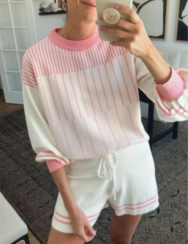 Gihuo Women' s Striped 2 Piece Outfits Crewneck Knit Pullover Sweater Shorts Set Wide Leg Matching Set Loungewear(White-M) - Image 2