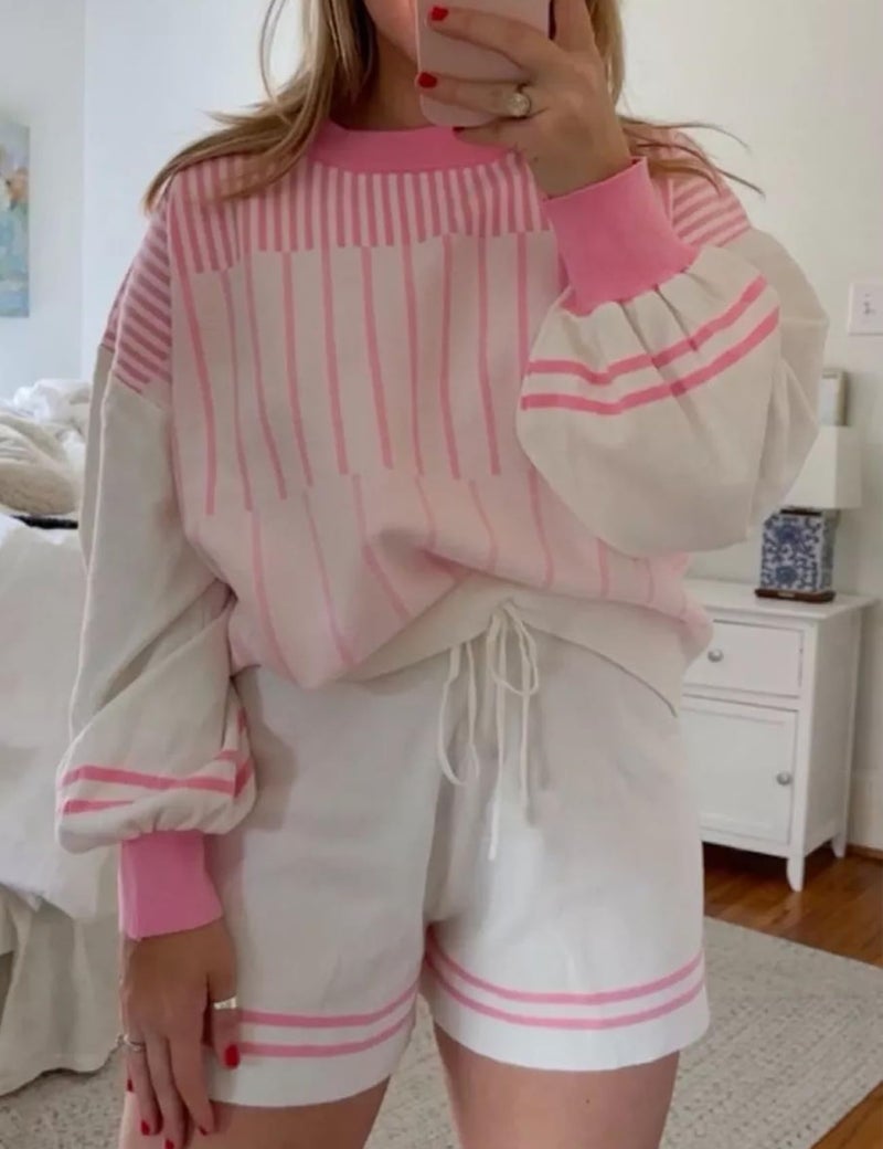 Gihuo Women' s Striped 2 Piece Outfits Crewneck Knit Pullover Sweater Shorts Set Wide Leg Matching Set Loungewear(White-M) - Image 5