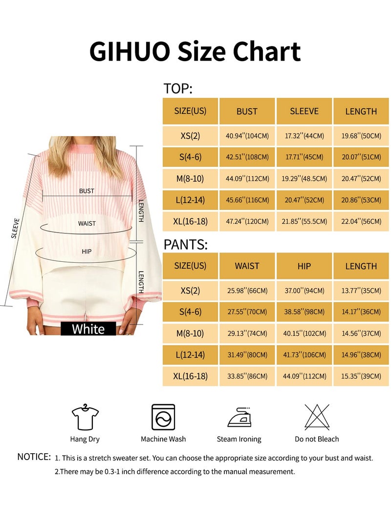Gihuo Women' s Striped 2 Piece Outfits Crewneck Knit Pullover Sweater Shorts Set Wide Leg Matching Set Loungewear(White-M) - Image 4