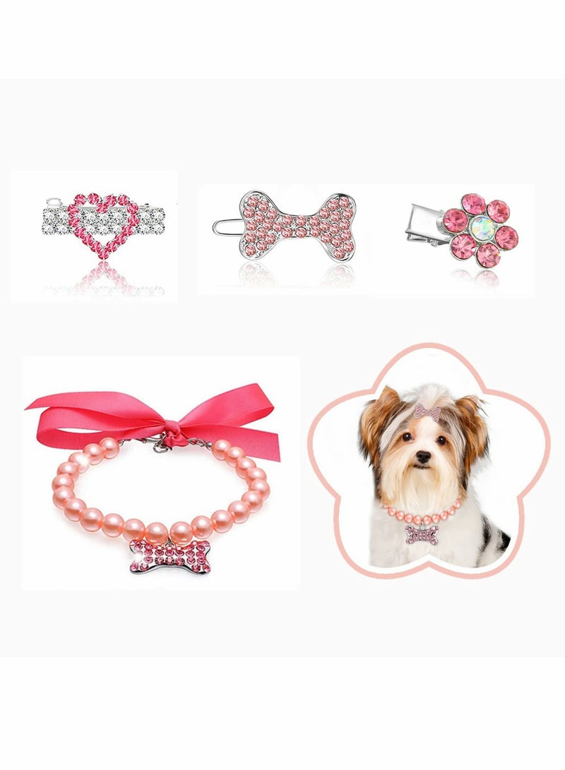 Dog Collar and Puppy Hair Accessories, 4 Pack Pearl Pet Necklace for Small Dogs Girl Barrette Crystal Rhinestone Cat Grooming Products  - Image 1