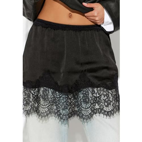 KOSUSANILL Women Satin Silk Mini Skirt with Lace Trim Low Rise A Line Lace Half Silp Skirt for Layering Y2K Flowy Underskirts (Black, S) - Image 4