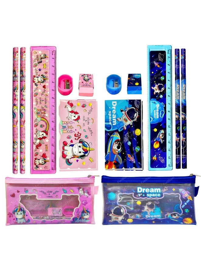 FunBlast Stationary Set for Kids Pencils Set, Sharpener ,Erasers and Scale for Kids, Kawaii Stationary Set, Birthday Return Gift, Unicorn & Space Theme Stationary Items Set of 2 (Combo),Multicolor - Image 1