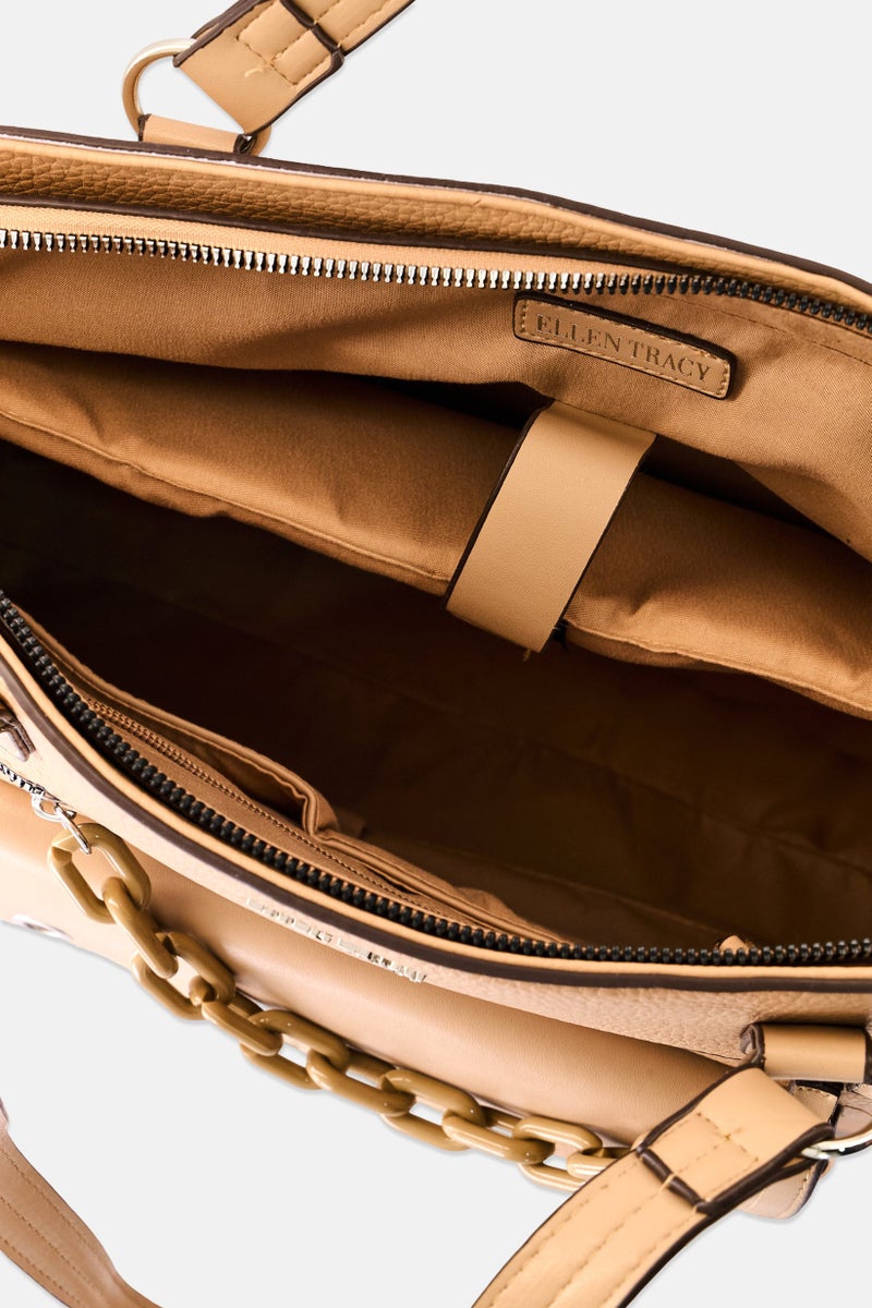 ELLEN TRACY Women Brand Logo Pebble Grain Workbook Tote Bag, Tan - Image 3