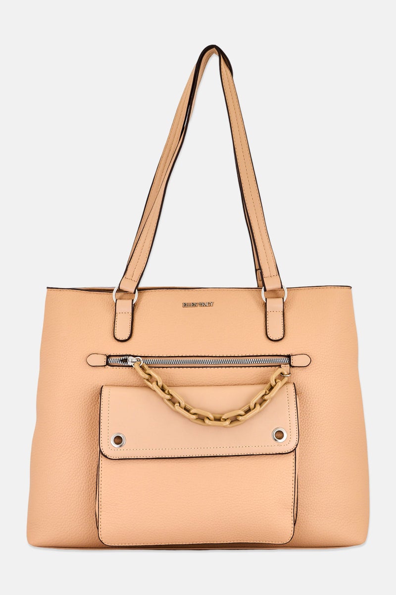 ELLEN TRACY Women Brand Logo Pebble Grain Workbook Tote Bag, Tan - Image 1