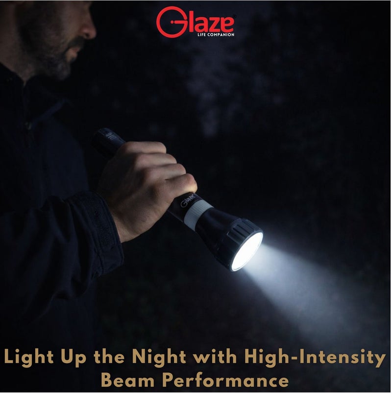 جليز مصباح يدوي LED قابل لإعادة الشحن، بقوة 5 واط، مدى إضاءة يصل إلى 1500 متر، بطارية ليثيوم أيون 18650 بسعة 3000 مللي أمبير، شحن من النوع C، وقت تشغيل يصل إلى 3 ساعات، مصباح طوارئ شديد التحمل للتخييم، لون أسود - Image 2