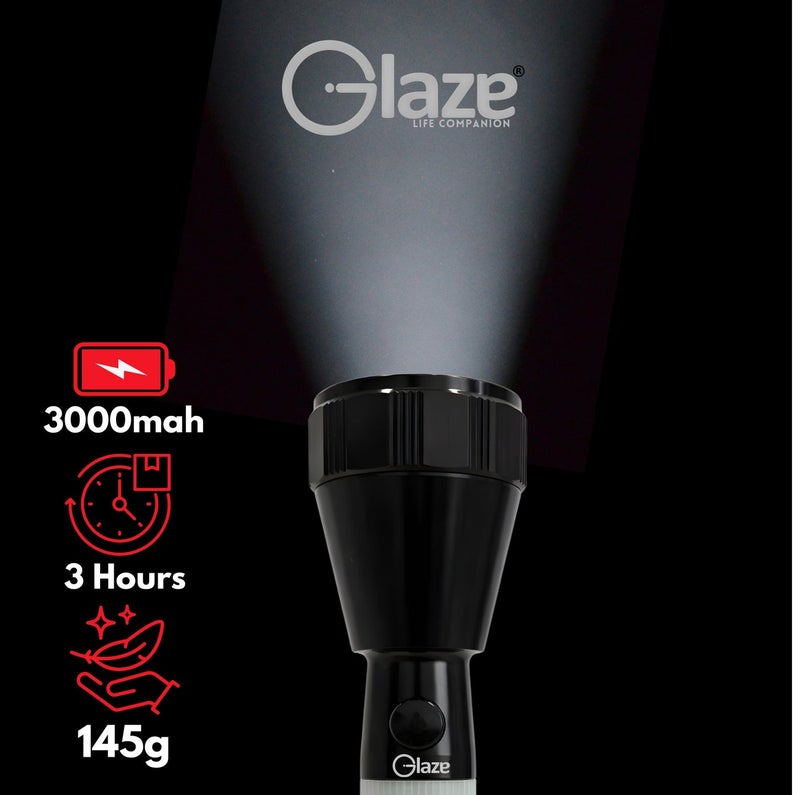 جليز مصباح يدوي LED قابل لإعادة الشحن، بقوة 5 واط، مدى إضاءة يصل إلى 1500 متر، بطارية ليثيوم أيون 18650 بسعة 3000 مللي أمبير، شحن من النوع C، وقت تشغيل يصل إلى 3 ساعات، مصباح طوارئ شديد التحمل للتخييم، لون أسود - Image 3