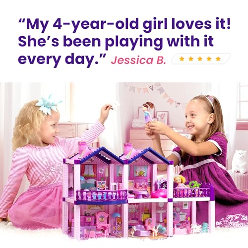 TOMLEON Dollhouse with 4 Princesses, 4 Unicorns, Dog, Furniture and Accessories - Pink and Purple Dream Doll House Toy for Little Girls - 5 Rooms w/Garden, Furniture and Accessories, Gift for Girls Ages 2-7 - Image 4