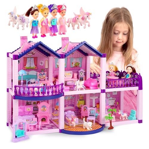TOMLEON Dollhouse with 4 Princesses, 4 Unicorns, Dog, Furniture and Accessories - Pink and Purple Dream Doll House Toy for Little Girls - 5 Rooms w/Garden, Furniture and Accessories, Gift for Girls Ages 2-7 - Image 1