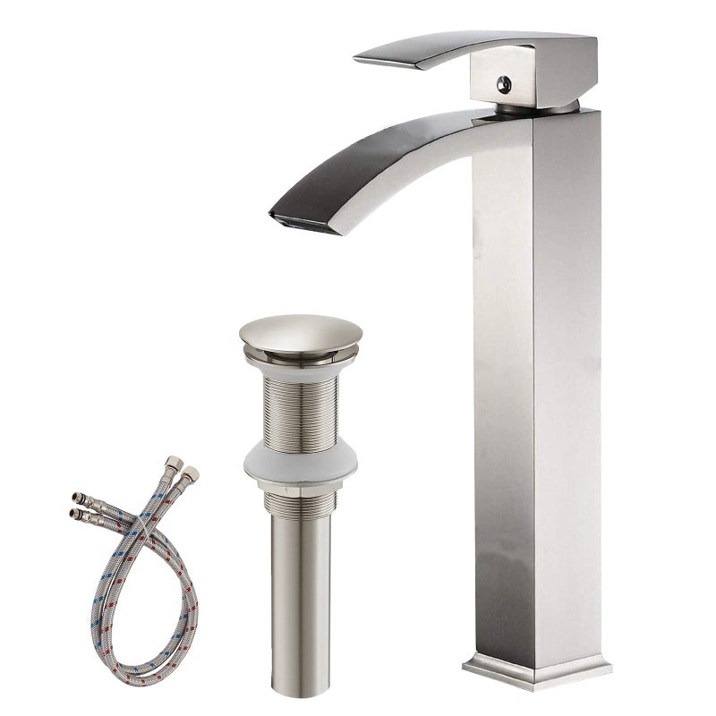 Greenspring Brushed Nickel Vessel Sink Faucet Waterfall Bathroom Faucets Tall Spout Single Handle Single Hole Bathroom Faucets with Pop Up Drain and Without Overflow Basin Faucet Supply Line