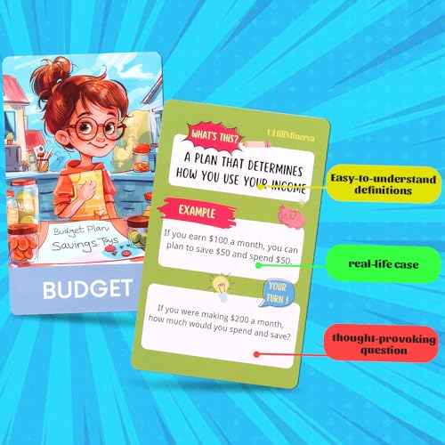UHillMinerva Financial Literacy Flash Cards Great for Teaching Kids Through Middle School 54 Educational Money Learning Resources Teach Cashflow Stock Debit Saving Budgeting - Image 5