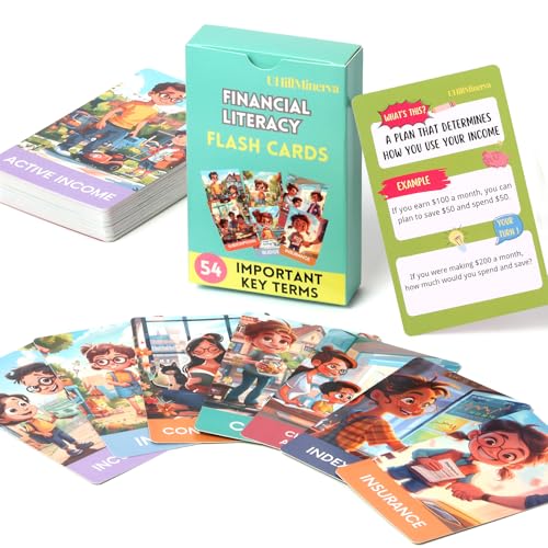 UHillMinerva Financial Literacy Flash Cards Great for Teaching Kids Through Middle School 54 Educational Money Learning Resources Teach Cashflow Stock Debit Saving Budgeting - Image 1