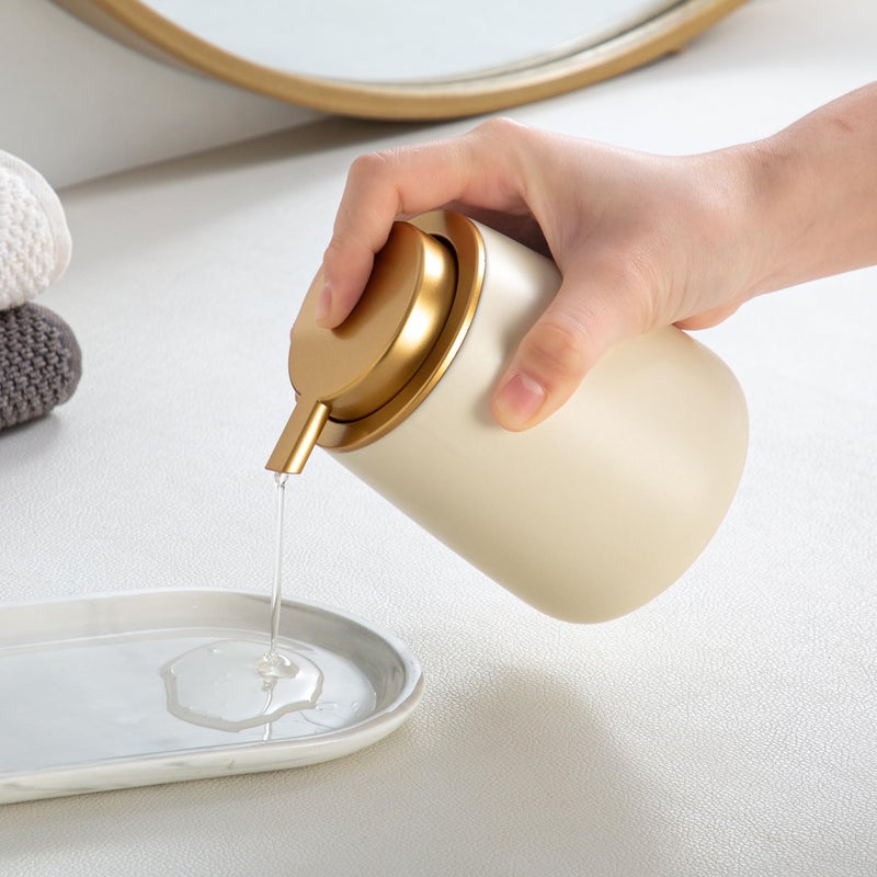 Enra Ceramic Soap Dispenser,12 oz Hand Lotion Dispenser with Gold Pump,Refillable Dish Soap Dispenser,Modern Liquid Soap Dispenser for Bathroom,Kitchen with Easy-to-Press Pump(Beige Liquid Glod Pump) - Image 5