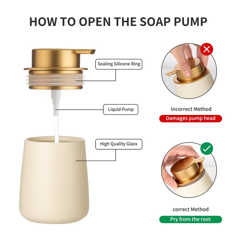 Enra Ceramic Soap Dispenser,12 oz Hand Lotion Dispenser with Gold Pump,Refillable Dish Soap Dispenser,Modern Liquid Soap Dispenser for Bathroom,Kitchen with Easy-to-Press Pump(Beige Liquid Glod Pump) - Image 3