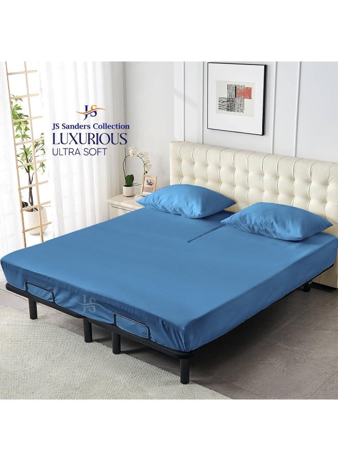 Top Split California King Sheets Sets for Adjustable beds, Half Split Cal King Sheet Sets for Adjustable beds 18" deep Pocket, 34" Split Top Sheets 1000 TC 100% Cotton, Mediterranean Blue  - Image 2