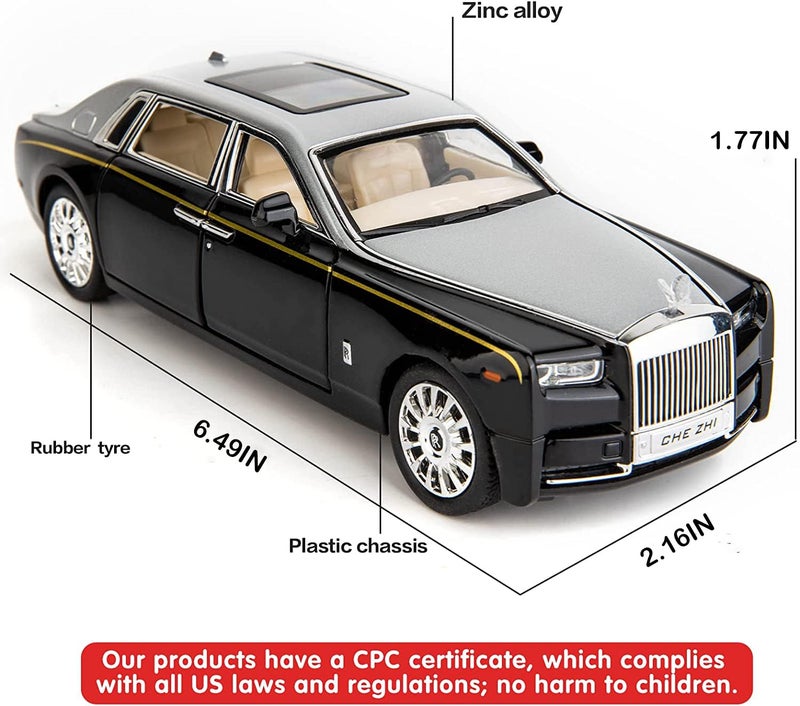 DUWOL New 1:32 R Royce Phantom Diecast Alloy Metal Pull Back Car with Openable Doors Music Sound and Light Vehicle Toy Car for Kids Boys (Black) - Image 2