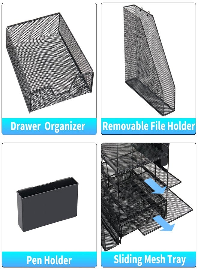 Gugsey Desk Organizer, 5-Tier Paper Letter Tray Organizer with File Holder, Drawer and Pen Holder, Desktop Organizer for Office Supplies, Black - Image 3