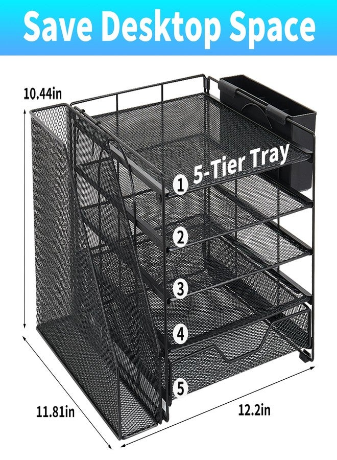 Gugsey Desk Organizer, 5-Tier Paper Letter Tray Organizer with File Holder, Drawer and Pen Holder, Desktop Organizer for Office Supplies, Black - Image 2