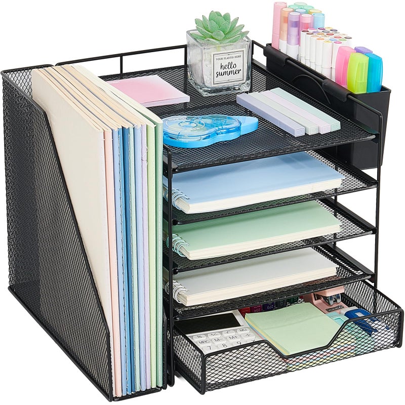 Gugsey Desk Organizer, 5-Tier Paper Letter Tray Organizer with File Holder, Drawer and Pen Holder, Desktop Organizer for Office Supplies, Black - Image 1