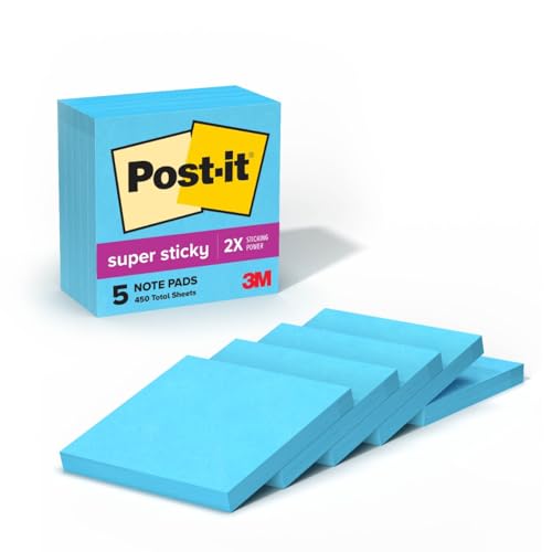 Post It Post-it Super Sticky Notes, 5 Sticky Note Pads, 3 x 3 in., School Supplies, Office Products, Sticky Notes for Vertical Surfaces, Monitors, Walls and Windows, Blue Paradise - Image 1