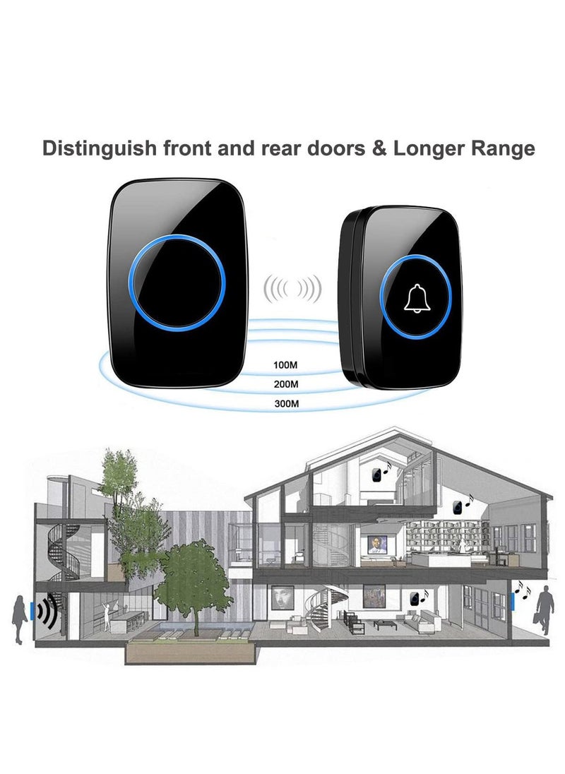 CACAZI Wireless Doorbell, Waterproof Ring Door Bell with LED Flash, Plug-in Door Chime at Over 300m, Adjustable Volume and 60 Melodies, Door Bell Ringer for Home Office Hotel (Black 2Receiver + 1Button)  - Image 2
