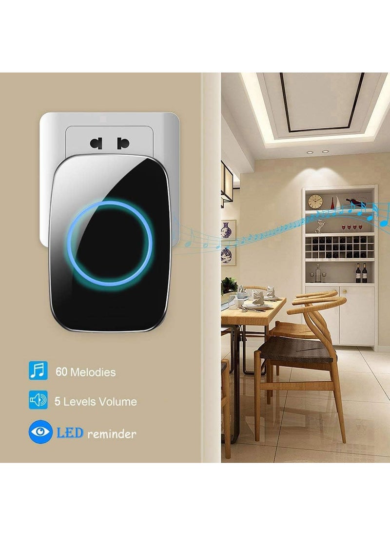 CACAZI Wireless Doorbell, Waterproof Ring Door Bell with LED Flash, Plug-in Door Chime at Over 300m, Adjustable Volume and 60 Melodies, Door Bell Ringer for Home Office Hotel (Black 2Receiver + 1Button)  - Image 3