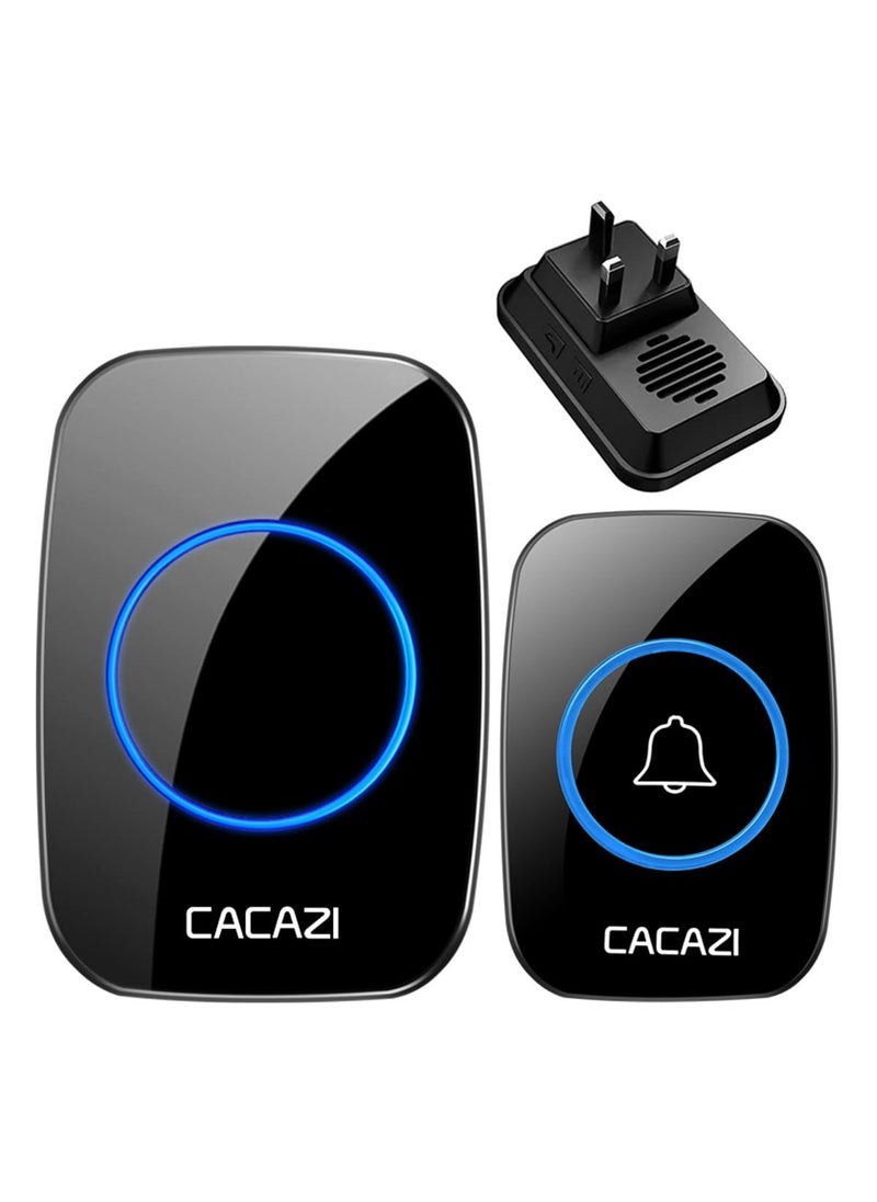 CACAZI Wireless Doorbell, Waterproof Ring Door Bell with LED Flash, Plug-in Door Chime at Over 300m, Adjustable Volume and 60 Melodies, Door Bell Ringer for Home Office Hotel (Black 2Receiver + 1Button)  - Image 1